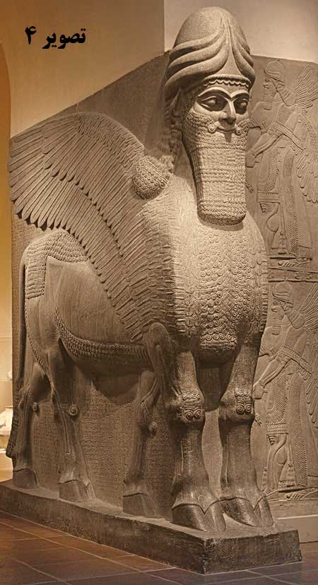 تصوير 4- انسان - گار (گاو مرد بالدار) سنگ مرمر، دروازه کاخ سارگون دوم آشوری در نینوا، ۷۲۱ - ۷۰۵ پیش از میلاد
