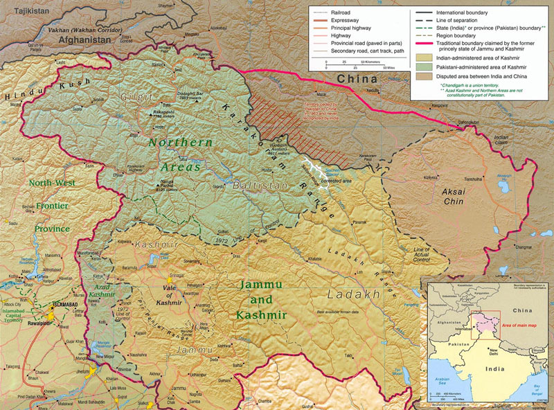 منطقه مورد مناقشه کشمیر بین هندوستان و پاکستان - نقشه مرزهای چین و پاکستان